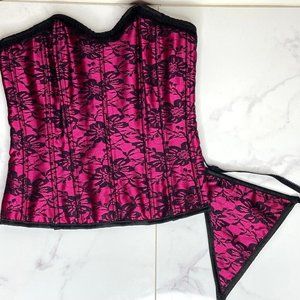 LIVING DEAD SOULS Pink & Black Lace Bustier Boned Corset & Thong Panty S NWOT